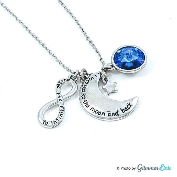 Silver Tone Crescent Moon Infinity & Blue Rhinestone Charms Necklace - Picture 1 of 6